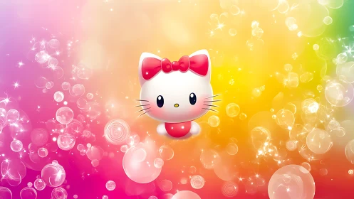 Kawaii white kitten with bow on luminous rainbow bokeh field.