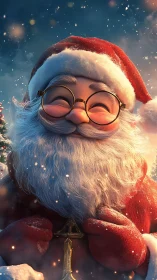 3D stylized Santa portrait under softly glowing snowfall.