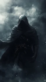 Cloaked shadow strides through stormlit midnight fog