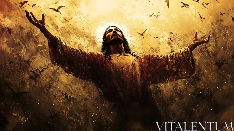 Radiant robed figure with outstretched arms in golden light.