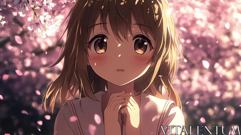 Girl stands beneath cherry blossoms in diffuse backlighting