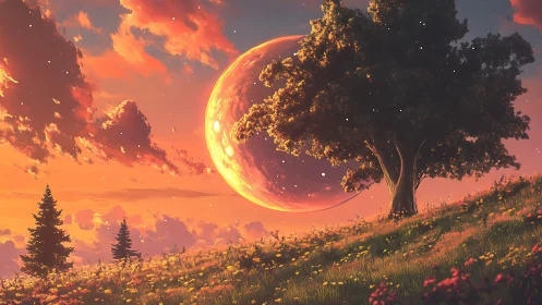 Sloping meadow under enlarged crescent planet with volumetric sunset clouds