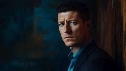 Cinematic low key portrait with directional teal orange lighting.