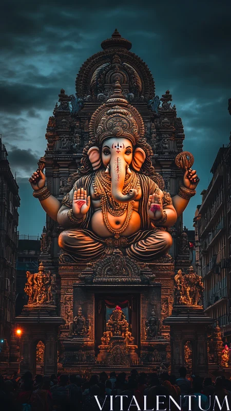 Monumental Ganesha idol glows against stormy urban skyline