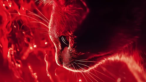 Luminous Red Cat Face in Glowing Fiber Light Burst