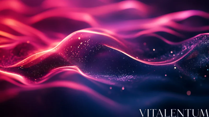 Abstract luminous waves with pink and blue glowing particles.