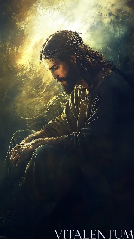 Gentle, sorrowful man bows his head in quiet golden light