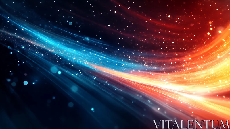 Intersecting blue and orange light streaks cross on dark space