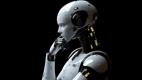 Contemplative android profile in sleek monochrome finish.
