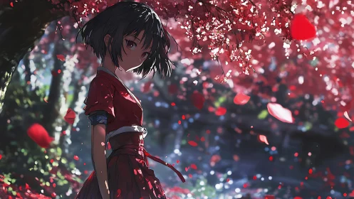 Girl in crimson kimono beneath drifting cherry petals.