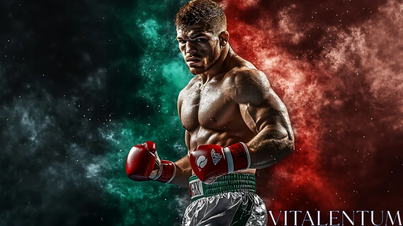 Muscular boxer posed in combat stance with red gloves.