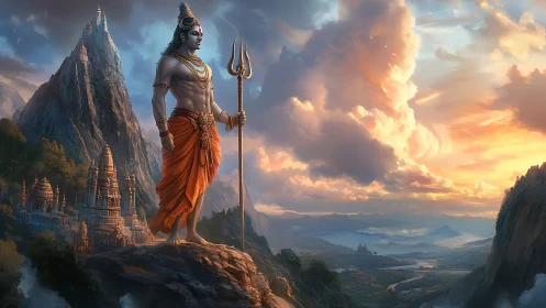 Mythic warrior figure overlooking mountainous temple valley.