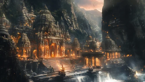Golden mountain temples glow warmly above misty waterfalls