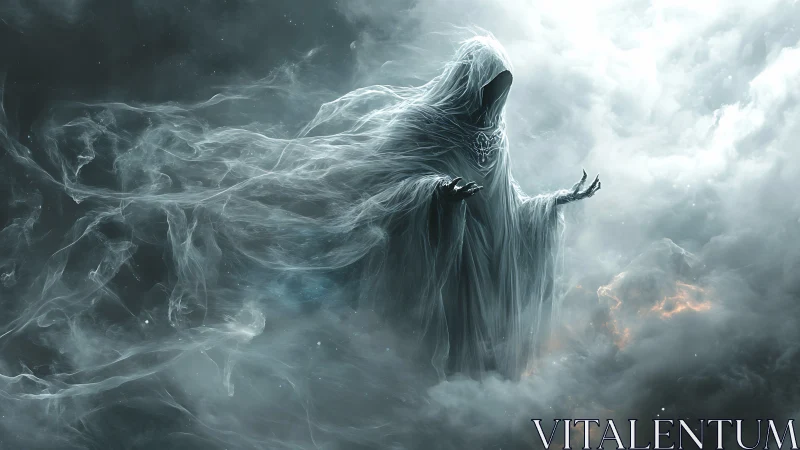 Spectral hooded entity materializes within turbulent ethereal clouds