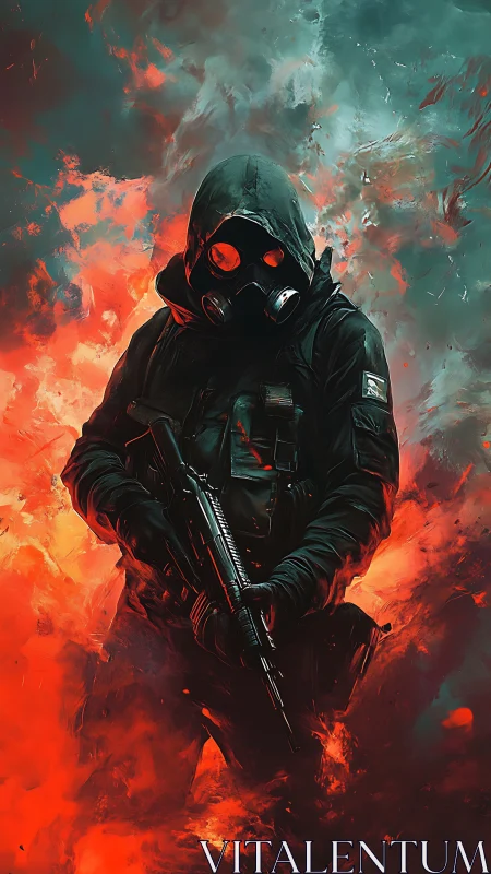 Gas-masked soldier in tactical gear amid red smoke field.