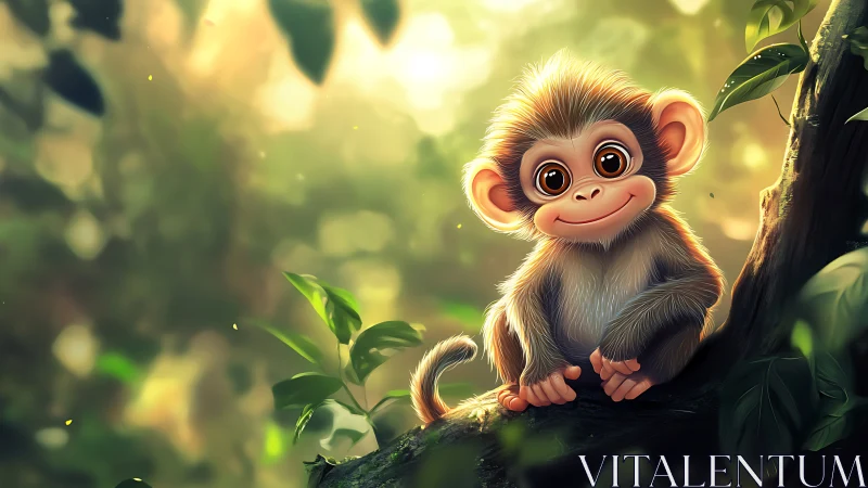 Juvenile monkey portrait on sunlit rainforest tree branch