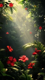 Backlit hibiscus blooms in dense rainforest canopy light shafts