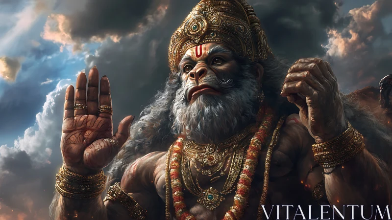 Storm‑crowned simian guardian raises a blessing beneath thunderclouds.