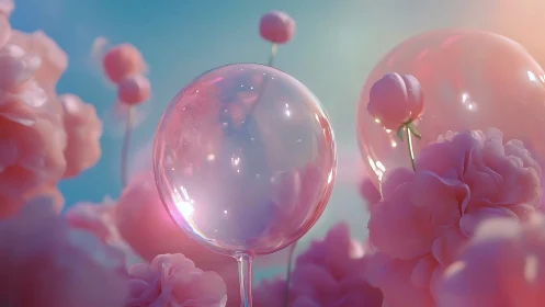 Iridescent glass orbs float among soft pink blossoms.