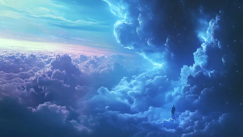 Solitary human figure above dense clouds under luminous sky.