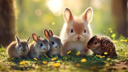 Woodland baby bunnies and hedgehog sharing sunlit meadow.
