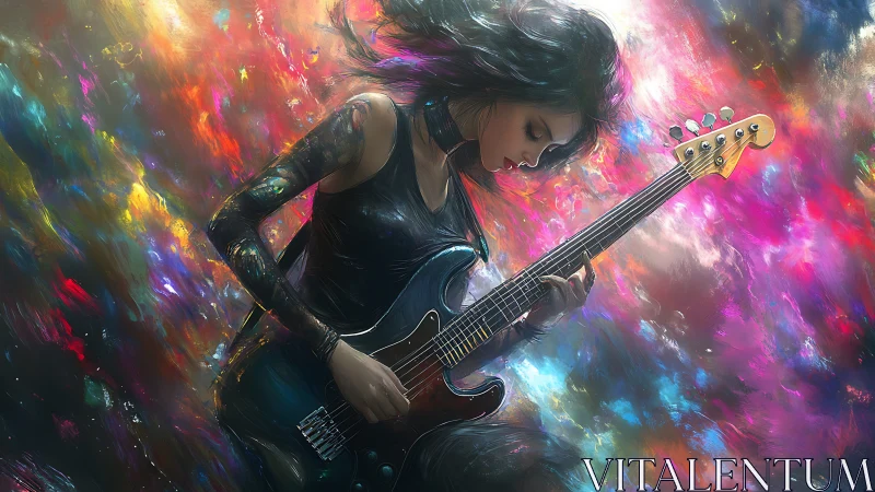Electric bassist in luminous nebula backdrop, high chroma strokes
