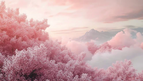 Soft pink clouds cradle dreamy mountains in gentle light