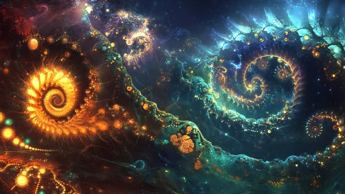 Fractal nebula spirals in luminous cosmic color fields.