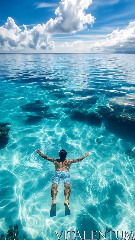 Swimmer glides through crystal tropical sea under clouds.