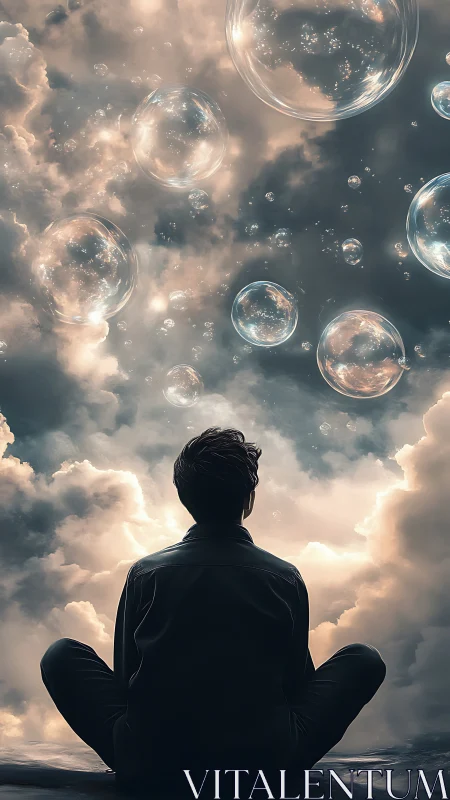 Backlit seated figure observes refractive bubbles in volumetric clouds