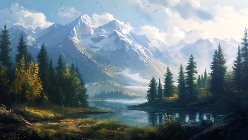 Snowbound peaks mirror over serene evergreen mountain lake.