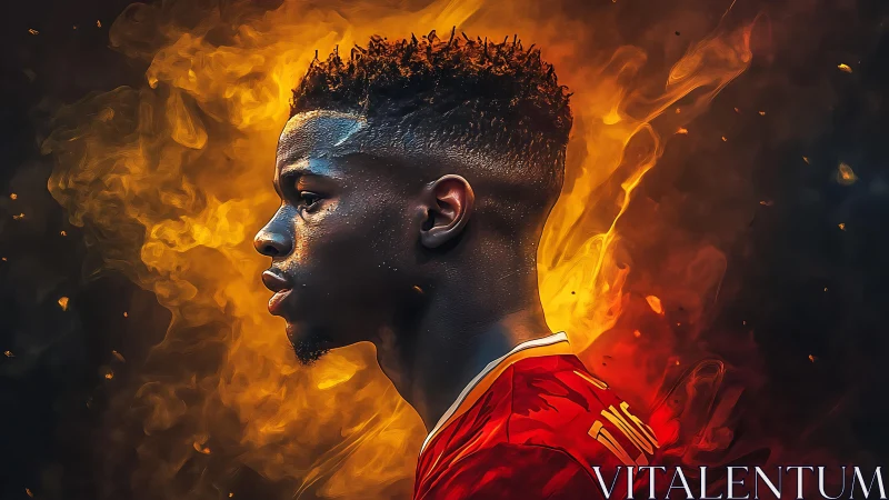 Profile of soccer player amid orange and yellow flames background.