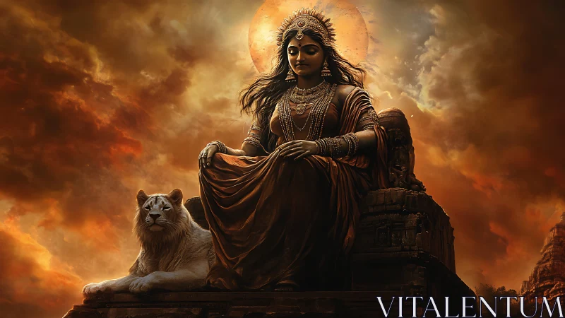 Divine warrior goddess seated with lion under burning sky.