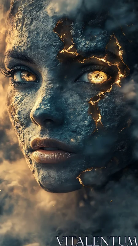 Lava-fissured stone visage reveals molten inner light