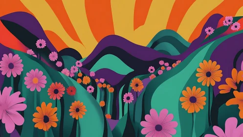 Sunrise confetti valley with neon hills and bold blooms.