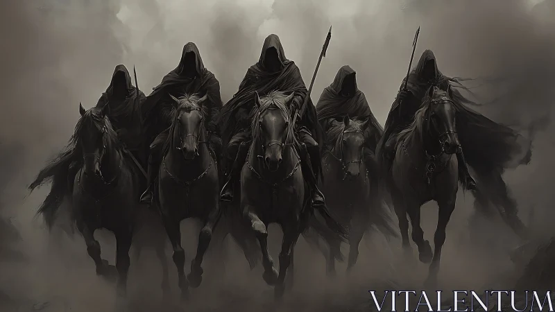Hooded dark riders on horses emerge through dense mist
