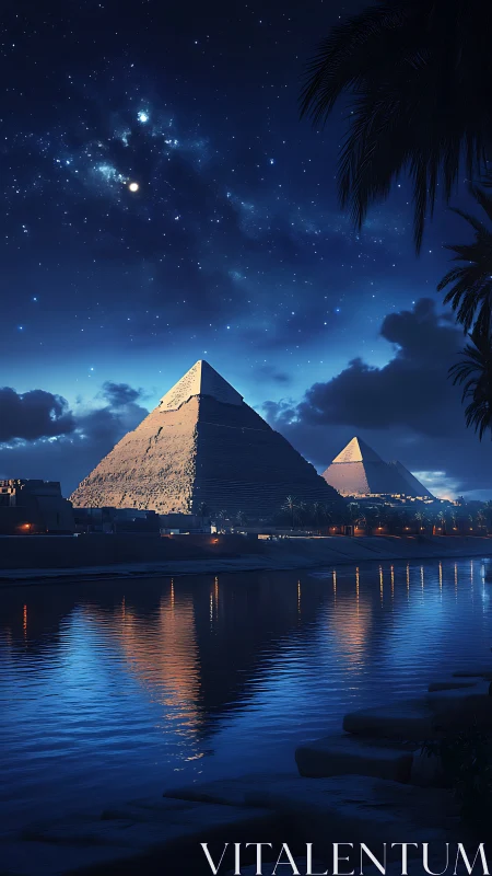 Starlit pyramids beside calm river under deep blue night.