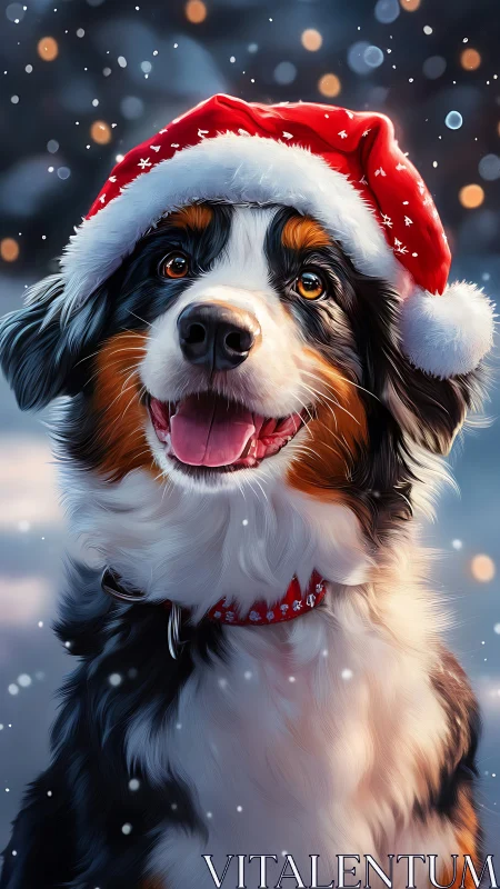 Snow-bright Bernese in a jolly red Santa hat grinning wide.