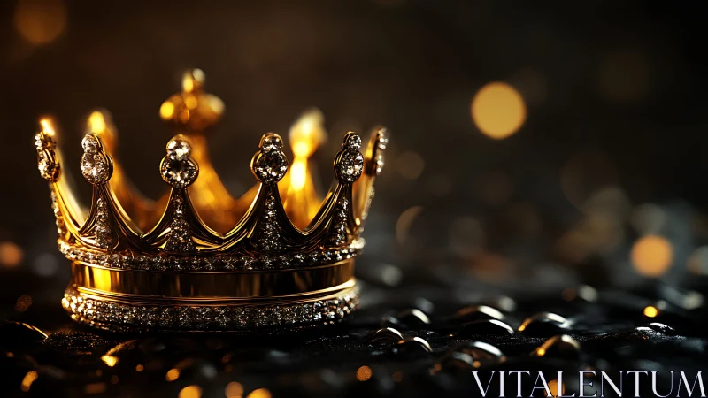 Macro close-up of jeweled golden crown on wet reflective surface