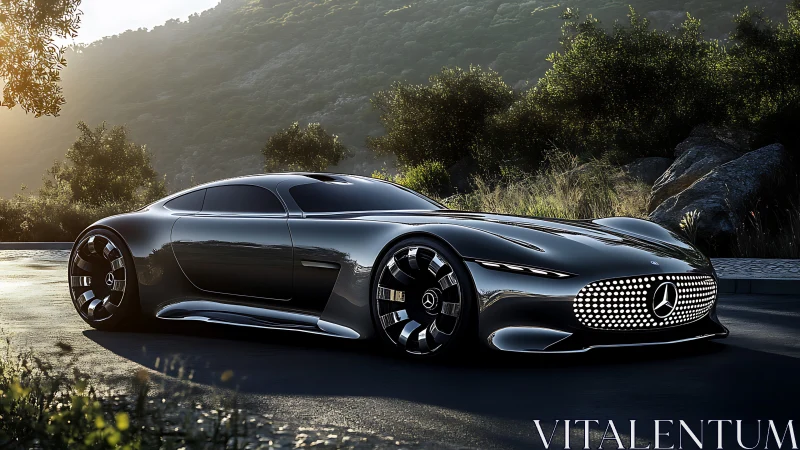 Midnight silver hypercar prowls a sunlit mountain road.