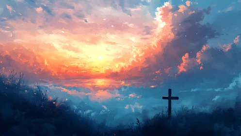 Radiant cloudscape sunset over hillside memorial cross.