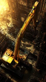 Excavator boom amid lattice scaffolding in molten sunset glow.