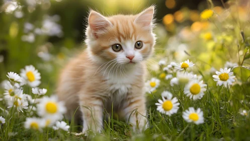 Ginger Kitten in Wildflower Field with Daisy Bokeh.