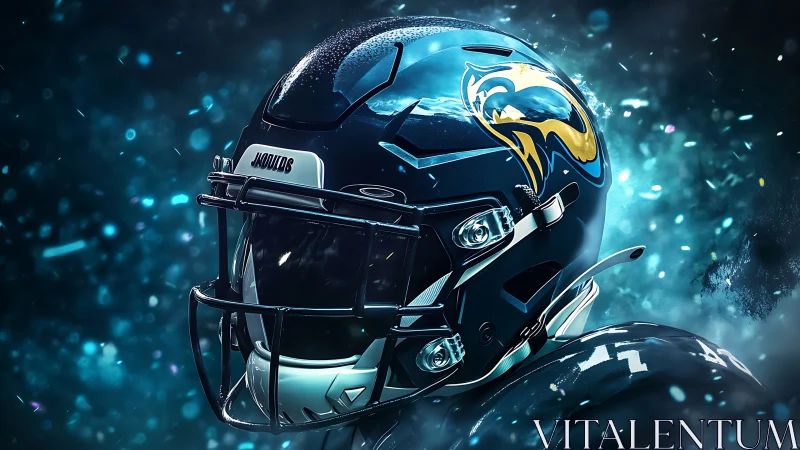 Blue football helmet close-up with jaguar logo in motion.