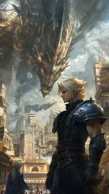 Skyborne dragon looms above lone warrior in stormlit citadel.