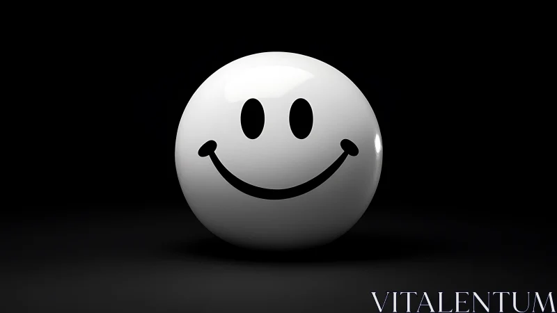 Minimalist smiley sphere rests in dramatic black space.