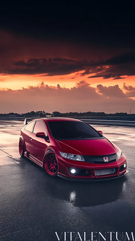 Crimson Honda Civic glowing against a moody sunset sky.