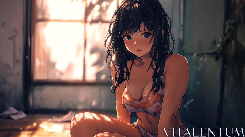 Anime girl in warm sunset light near window interior.