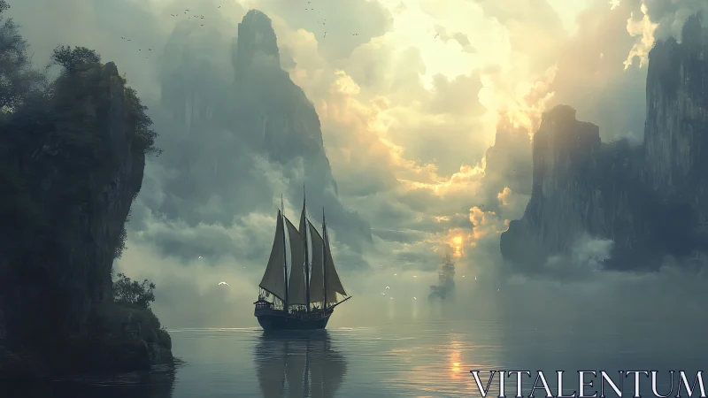 Sailing vessel moves through misty fjord under diffused light