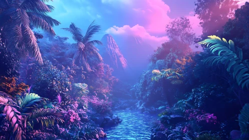 Dreamy tropical river glowing under neon twilight skies.